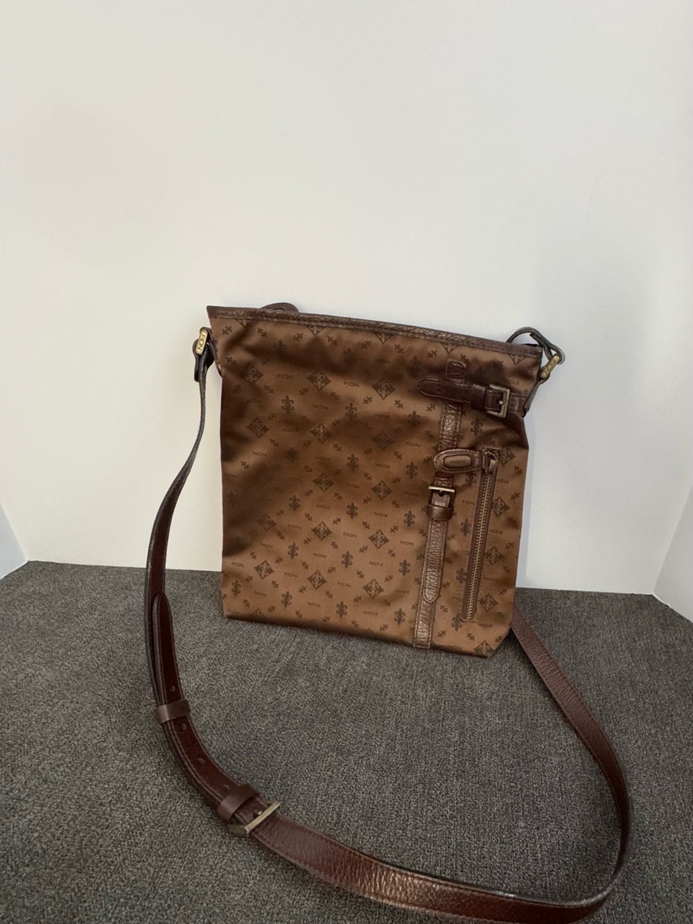Fion Brown Monogram Medium Crossbody Bag Zip Top Adjustable Strap